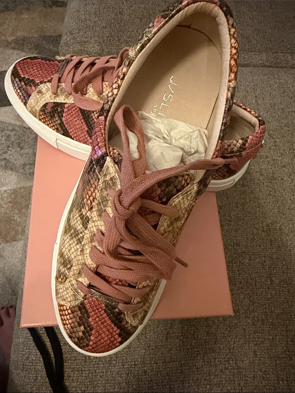 NWTs & Box SZ 9 Leather J Slides Pink Multi Snake-Print Lace-Up Sneakers